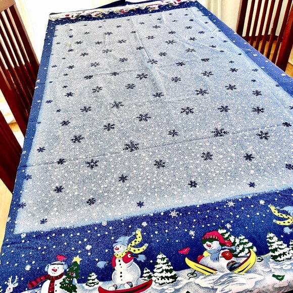 Blue Tablecloth Christmas Holiday Snowmen Snowflakes Cotton Blend 82” x 59” - Picture 2 of 14